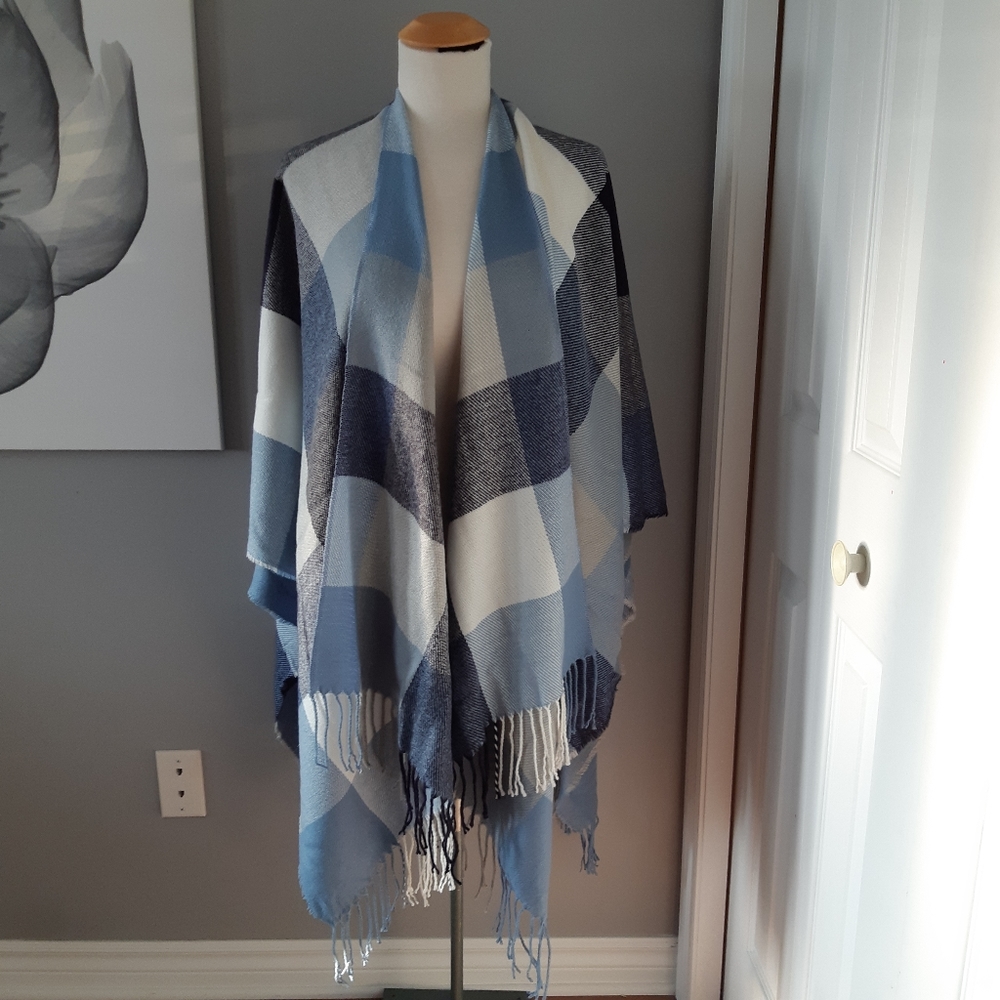 COPY - Blue plaid checkered ruana wrap shawl scarf